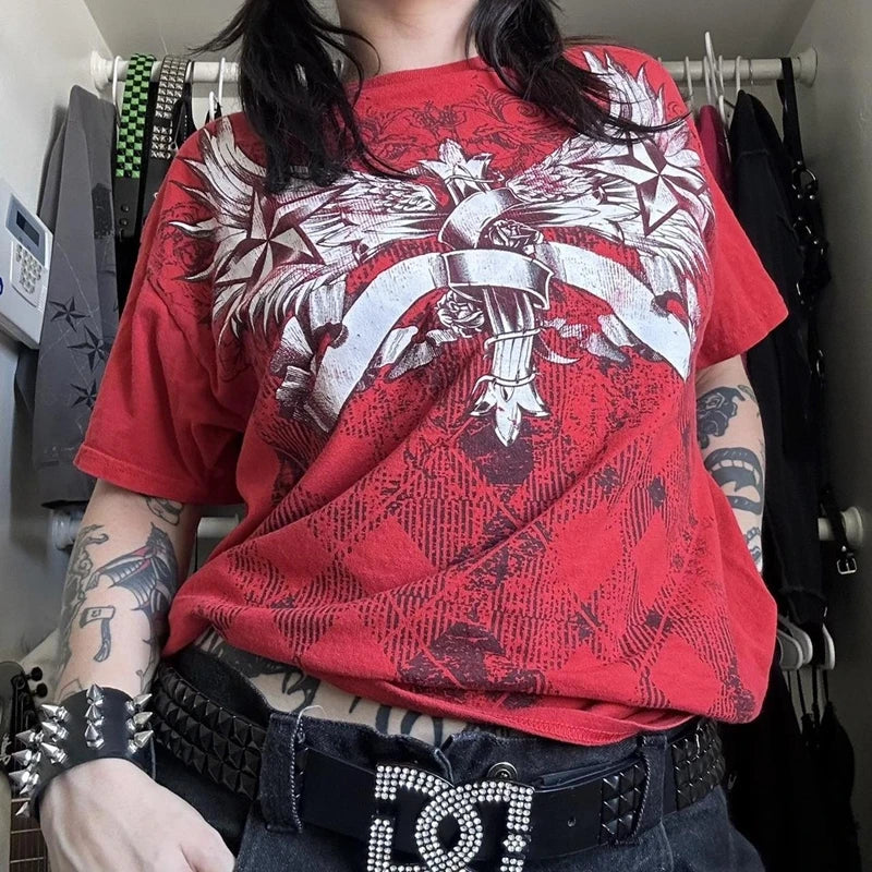 Threebooy 2000s Cyber Grunge Graphic T-shirt Y2K Star Skull Print Short Sleeve Tees Japanese Emo Vintage E girl Gothic T shirt Women Men