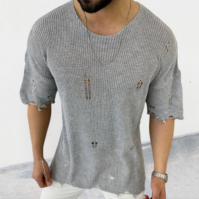 Threebooy Summer Men Sweater Thin Short Sleeve O-neck Knitted T-shirt Tops Casual Hollow Loose Knit Shirt Pullover Male Streetwear