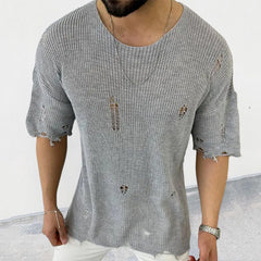 Threebooy Summer Men Sweater Thin Short Sleeve O-neck Knitted T-shirt Tops Casual Hollow Loose Knit Shirt Pullover Male Streetwear