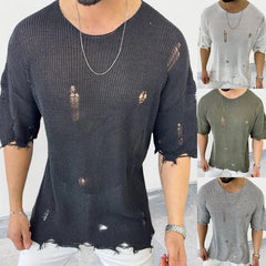 Threebooy Summer Men Sweater Thin Short Sleeve O-neck Knitted T-shirt Tops Casual Hollow Loose Knit Shirt Pullover Male Streetwear