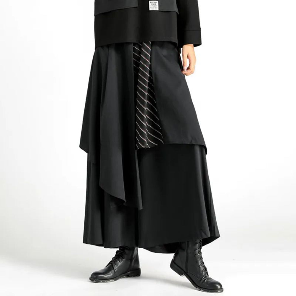 Threebooy Mens Dark Style Double Layer Irregular Skirts New Genderless Casual Fashion Youth Loose Solid Color Wide Leg Pants Unisex