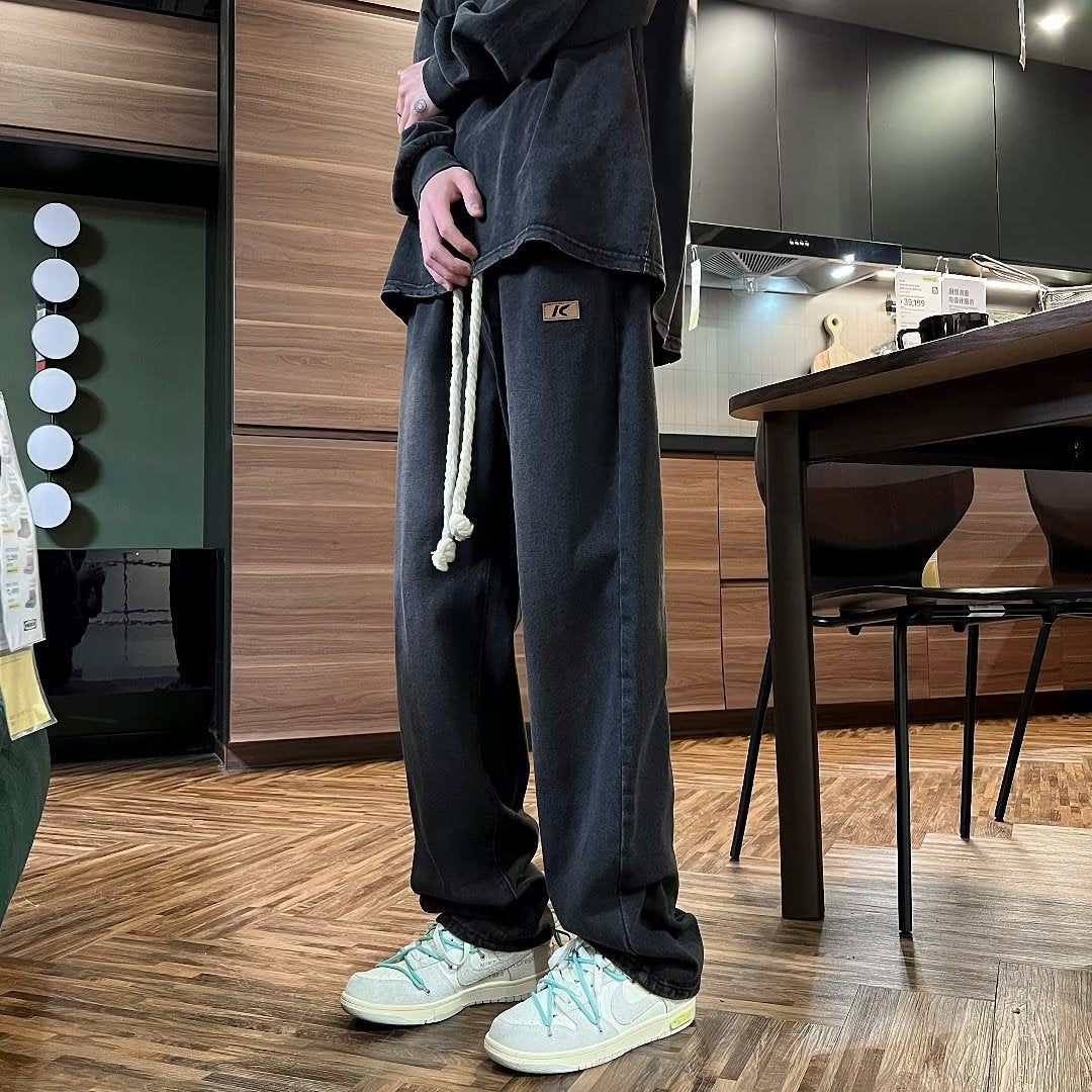 Threebooy High Street Jeans Men Elastic Waist With Large Drawstring Straight Pants Fashion Casual Loose Wide Leg Denim Trousers Streetwear