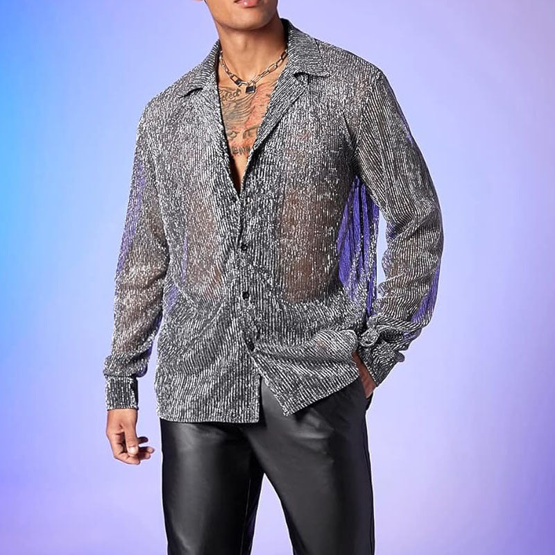Threebooy Spring Summer Fashion Men Long Sleeve Drop Shoulder Shirts Nightclub Perspective Mesh Cardigan Tops Sexy Shirt Streetwear