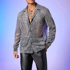 Threebooy Spring Summer Fashion Men Long Sleeve Drop Shoulder Shirts Nightclub Perspective Mesh Cardigan Tops Sexy Shirt Streetwear