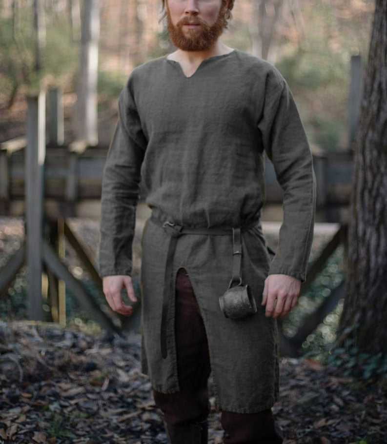 Threebooy Streetwear Long Sleeve Tshirt For Men European Medieval Knight Top Vintage Loose V-neck Split Long Gown Pullover