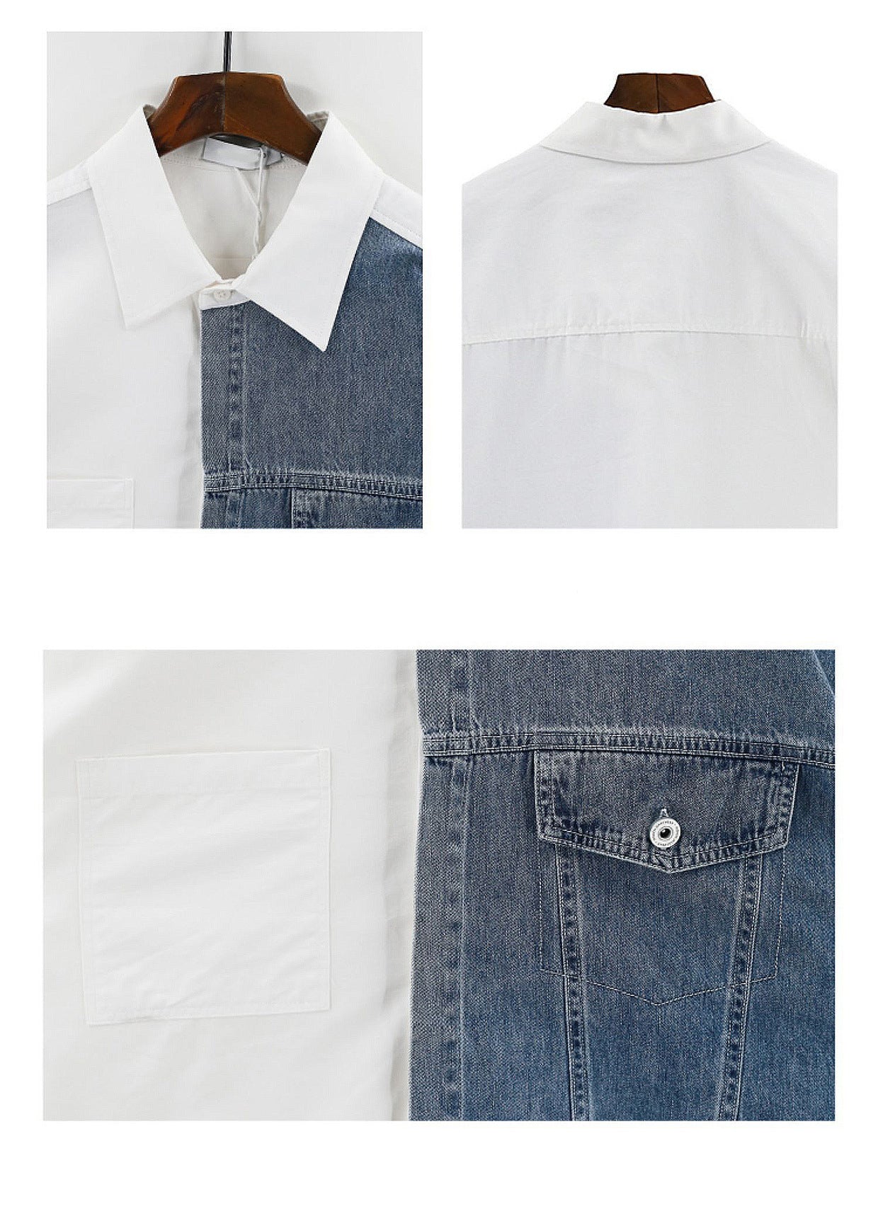 Threebooy Denim Patchwork White Shirt Men Lapel Long Sleeve Button Loose Tops Spring Autumn Fashion Vintage Shirts Streetwear Male