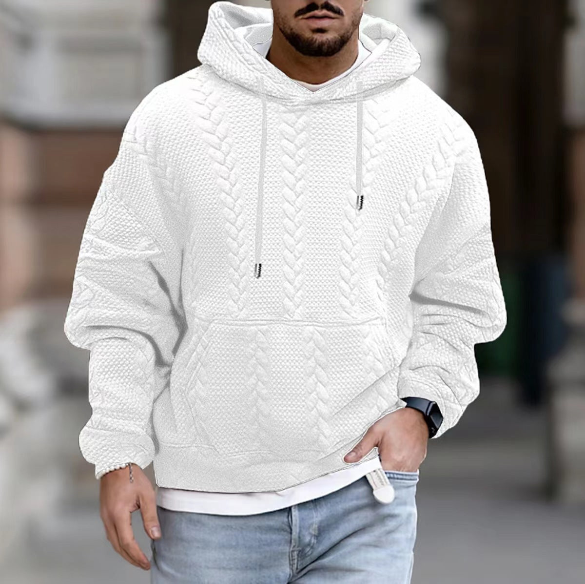 Threebooy Autumn Solid Jacquard Print Hoodie For Men Long sleeved Lace Up Hooded Pullover Casual Loose Oversize Tops Men's Clothing