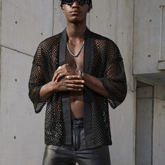 Threebooy Mesh See-through Fishnet Mens Shirt Cardigan Fashion Sexy Shawl Nightclub Wear Tops 3/4 Sleeve Camisas Streetwear For Men