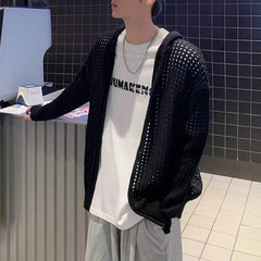 Threebooy Men Hooded Sweater Hollow Outerwear Knit Sweater Fashion Streetwear Versatile Campus Performance Long-Sleeve Tops Men'S Clothing