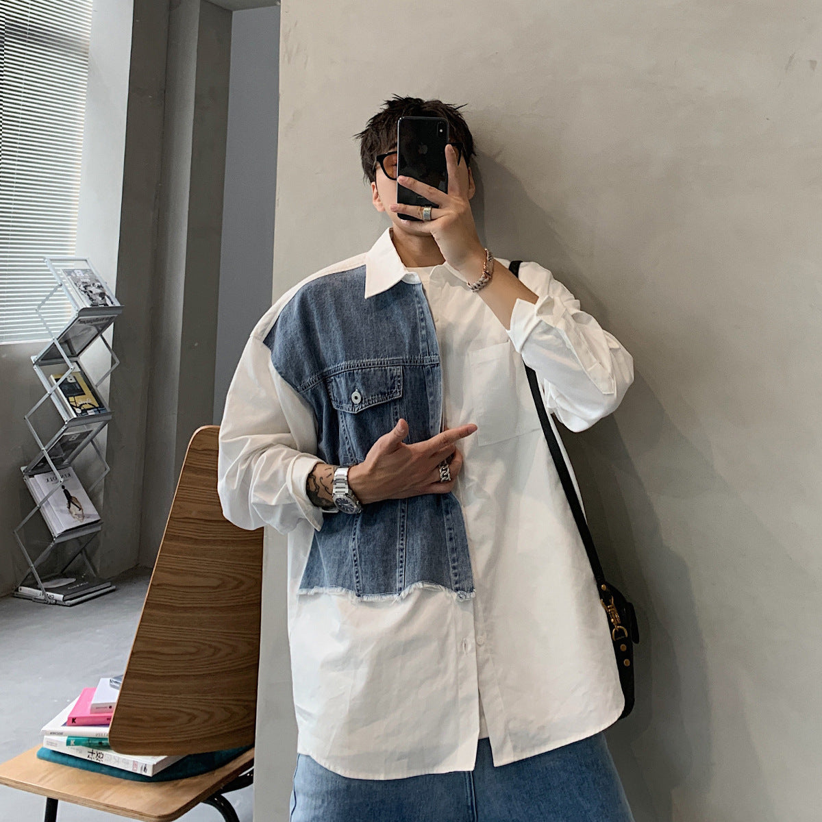 Threebooy Denim Patchwork White Shirt Men Lapel Long Sleeve Button Loose Tops Spring Autumn Fashion Vintage Shirts Streetwear Male