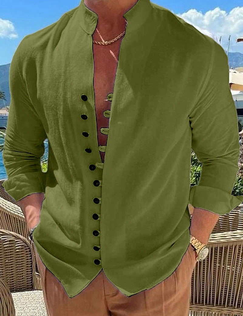 Threebooy Vintage Mens 100% Cotton Linen Shirts Long-Sleeved Stand Collar Casual Tops Spring Summer Fashion Men Clothing Retro Shirt