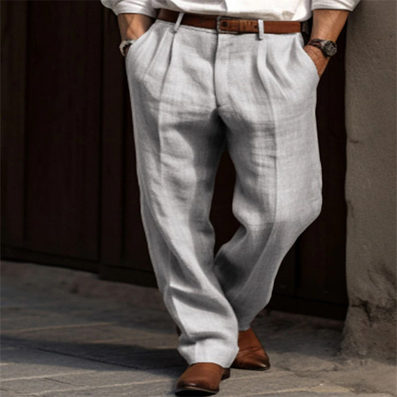 Threebooy Mens Linen Pleated Pants Front Pockets Straight Cotton Blend Long Trousers Spring Summer Holiday Fashion Loose Pant Oversized