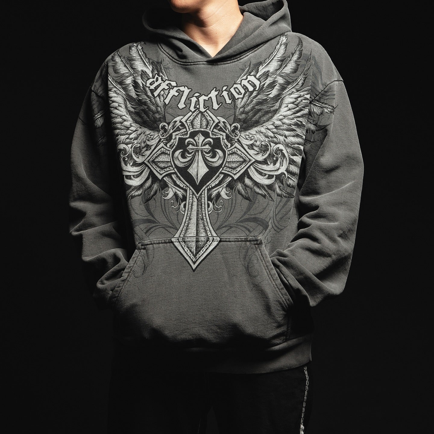 Threebooy 2000s affliction Gray Hooded Sweater Men's Trend Joker Harajuku Hip Hop Street Couple Angel Wings Hooded Coat New Sweatshirt
