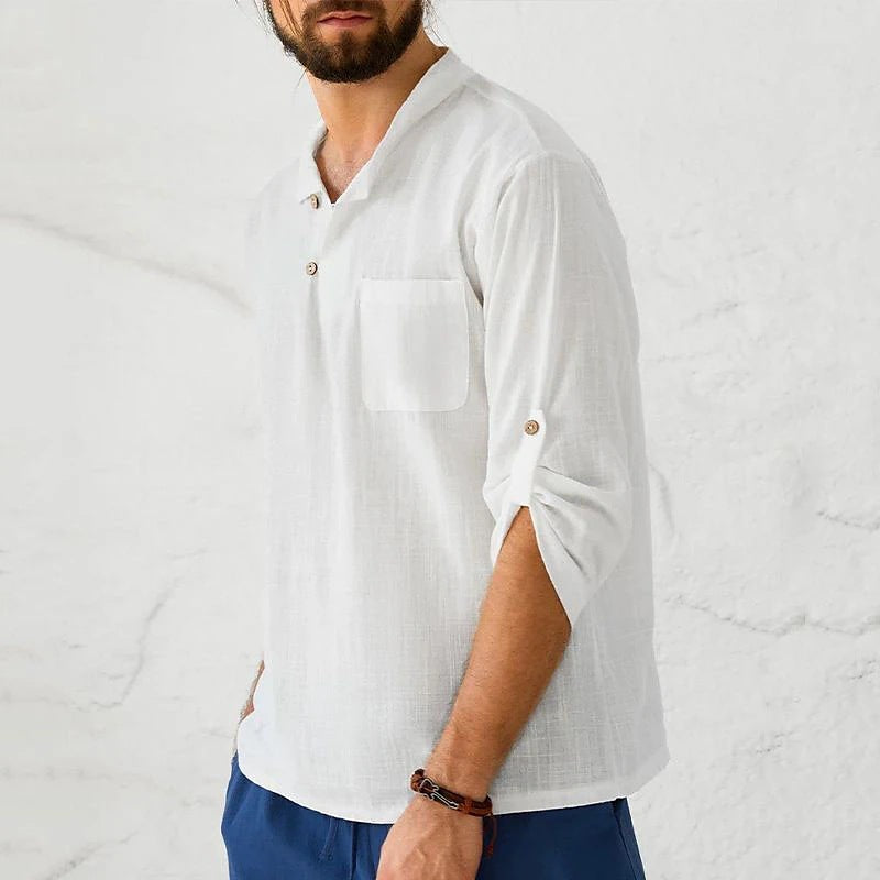 Threebooy Retro Shirts Mens 100% Cotton Linen Long Sleeve Stand Collar Casual Loose Button Pullover Spring Summer Fashion Vintage Top Male