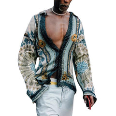 Threebooy Summer Vintage Print Shirt Men Loose Long Sleeve Turndown Collar Cardigan Tee Men's Casual Ethnic Style Shirts Streetwear