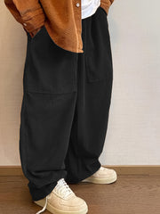 Threebooy Super Loose Fit Corduroy Pants - Men's Casual Polyester Blend Solid Color Machine Washable with Pockets