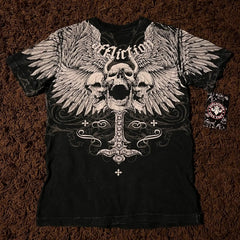Threebooy 2000s Affliction Style Streetwear Tee Gothic Skull Cross Print Trendy Graphic T-shirts