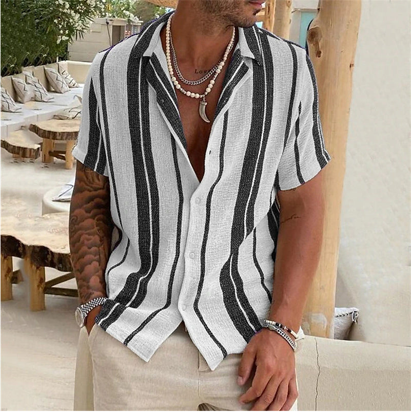 Threebooy New Men's Slub Cotton Shirt Stripe Short Sleeve Collar Cardigan Summer Fashion Loose Oversize Shirts Top Streetwear Male