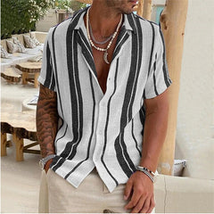 Threebooy New Men's Slub Cotton Shirt Stripe Short Sleeve Collar Cardigan Summer Fashion Loose Oversize Shirts Top Streetwear Male