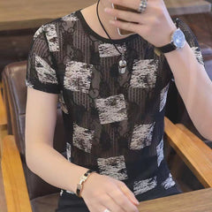 Threebooy Summer New Men Ice Silk Pattern Print Tshirts Short sleeve Ultra-thin Tee Tops Fashion Sexy Hollow Out Elastic Slim Fit T-shirts