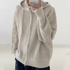 Threebooy Hollow Out Knitted Hoodie Mens Jacket Loose Hooded Cardigan Spring Autumn Fashion Casual Knit Zip-Up Sweater Tops Streetwear