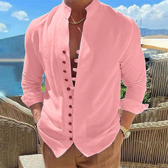 Threebooy Vintage Mens 100% Cotton Linen Shirts Long-Sleeved Stand Collar Casual Tops Spring Summer Fashion Men Clothing Retro Shirt