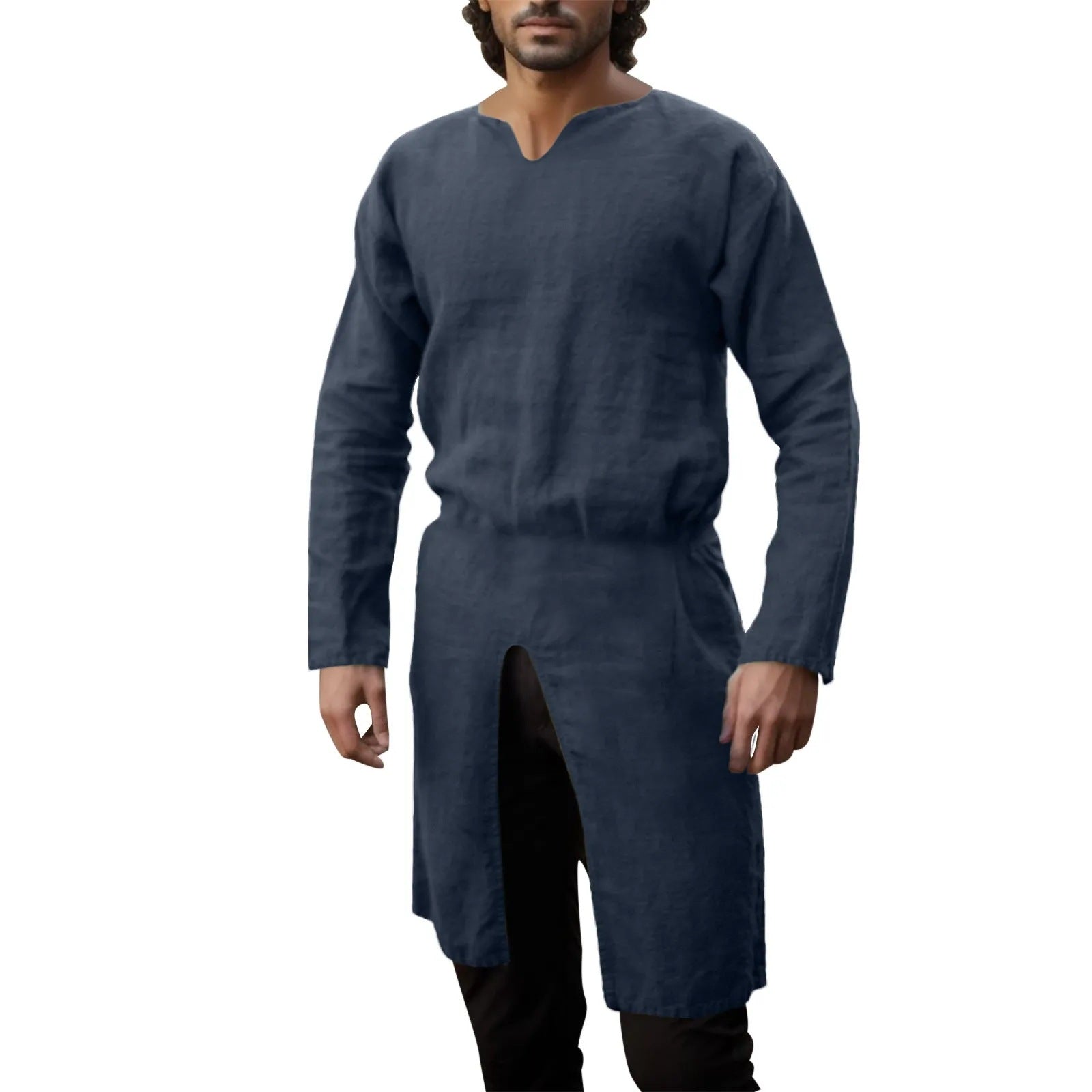 Threebooy Streetwear Long Sleeve Tshirt For Men European Medieval Knight Top Vintage Loose V-neck Split Long Gown Pullover
