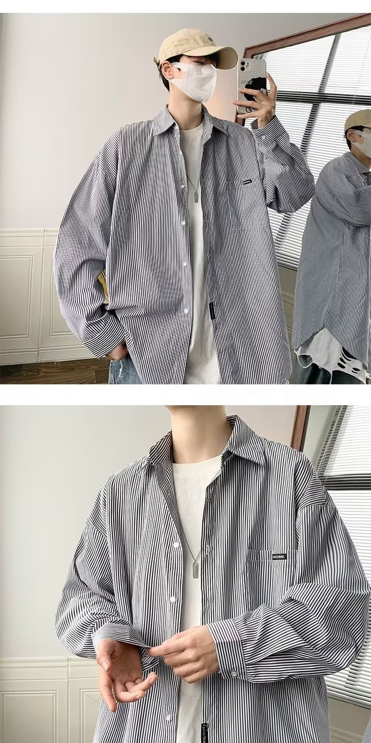 Threebooy Oversized Loose Striped Shirt Unisex Spring Autumn Mens Long sleeved Tops Fashion Casual Shirts Cardigan Streetwear Couple Ins
