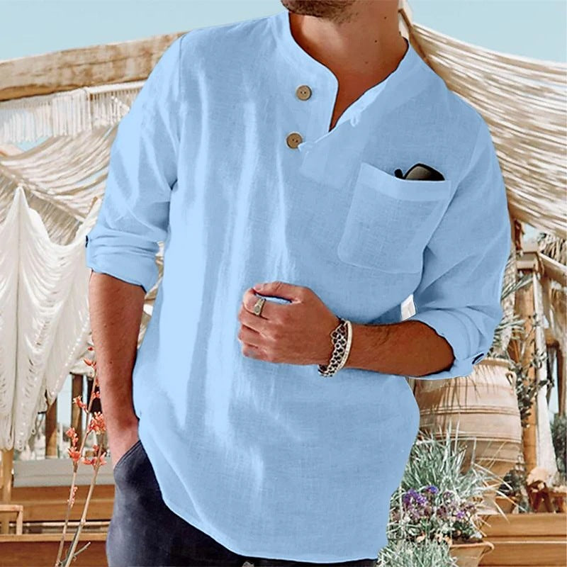 Threebooy Retro Shirts Mens 100% Cotton Linen Long Sleeve Stand Collar Casual Loose Button Pullover Spring Summer Fashion Vintage Top Male