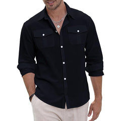 Threebooy Cotton Linen Men Shirt Solid Color Double Pocket Long Sleeve Top Spring Summer Fashion Casual Beach Breathable Comfortable Shirt