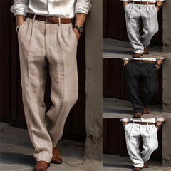 Threebooy Mens Linen Pleated Pants Front Pockets Straight Cotton Blend Long Trousers Spring Summer Holiday Fashion Loose Pant Oversized