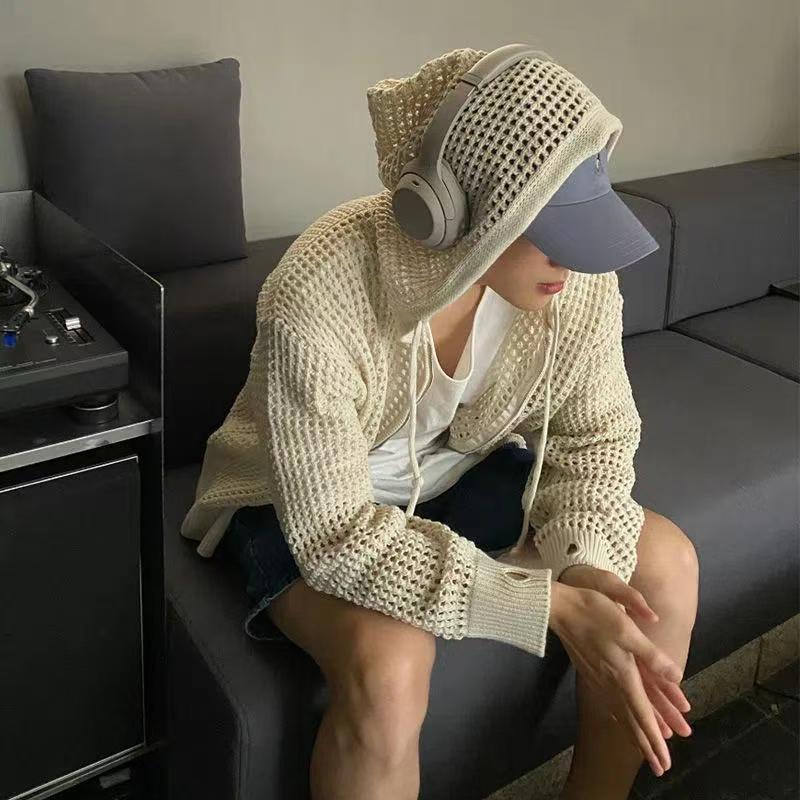 Threebooy Hollow Out Knitted Hoodie Mens Jacket Loose Hooded Cardigan Spring Autumn Fashion Casual Knit Zip-Up Sweater Tops Streetwear