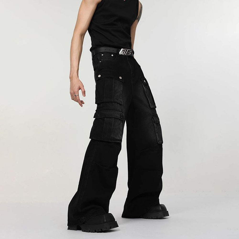 Threebooy Men Jeans Cargo Workwear Multi-Pocket Casual Pants Streetwear Fashion Trend Versatile Youth Campus Wide-Leg Pants Men'S Clothing