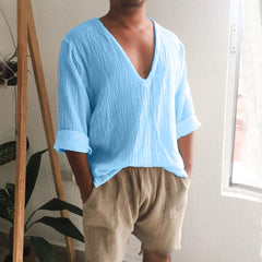 Threebooy Spring Summer Mens V Neck Cotton Linen T-shirt Loose Solid Long Sleeve Pullovers Tops Fashion Casual Clothing Streetwear