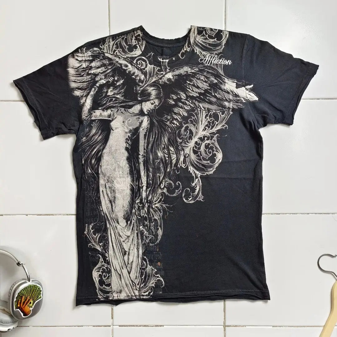 Threebooy 2000s affliction Style Street Hip Hop Clothing couple T Shirt Gothic Skull Cross Print Fashion Knight Graphic Men T shirt