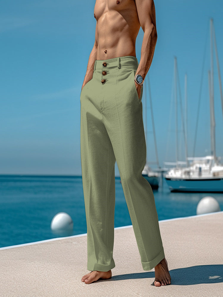 Threebooy Cotton Linen Casual Pants For Men Solid color Buttoned Loose Comfort Ventilate Long Trousers Spring Summer Beach Pant Streetwear
