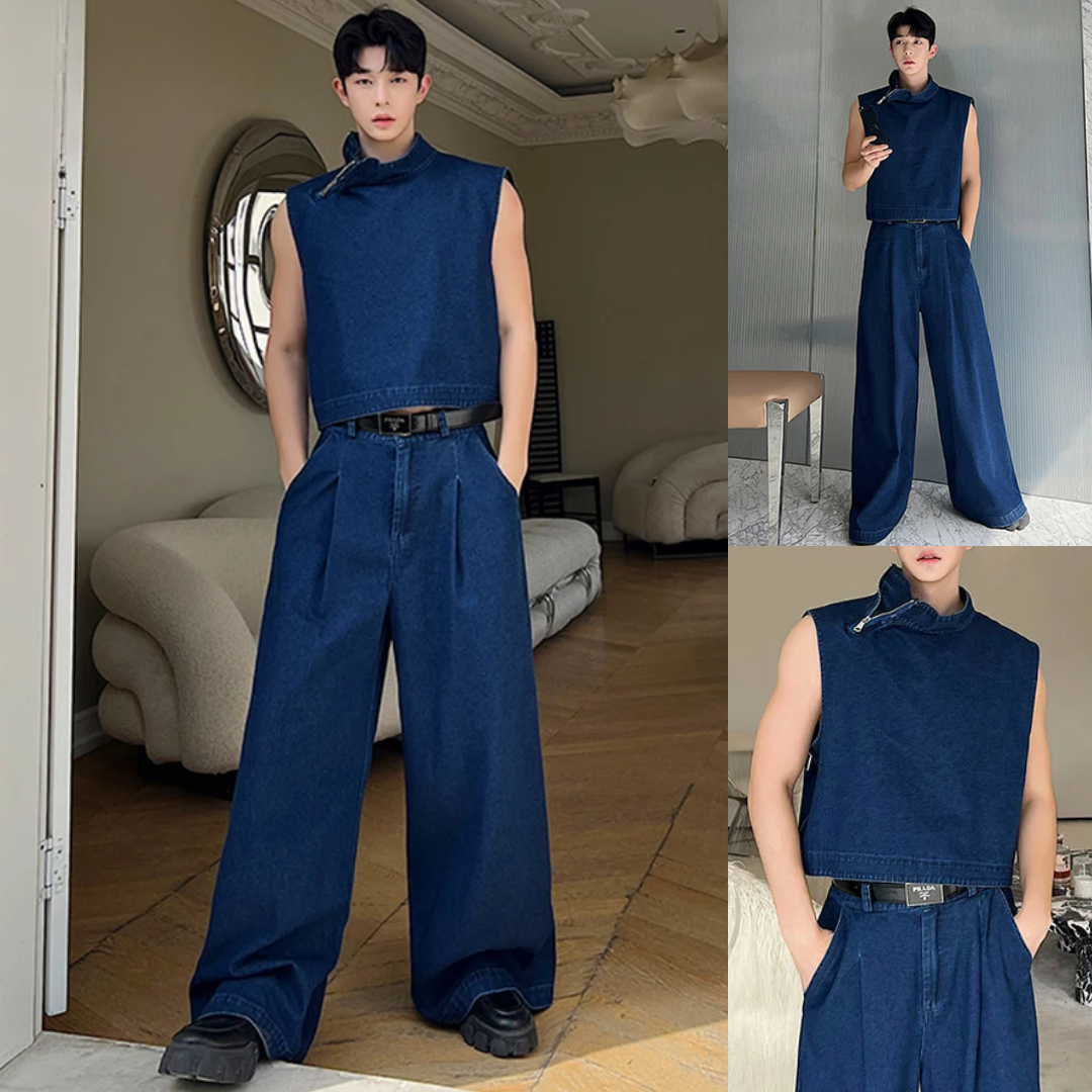 Threebooy Men's Signature 2-Piece Denim Wide Leg Jeans Set