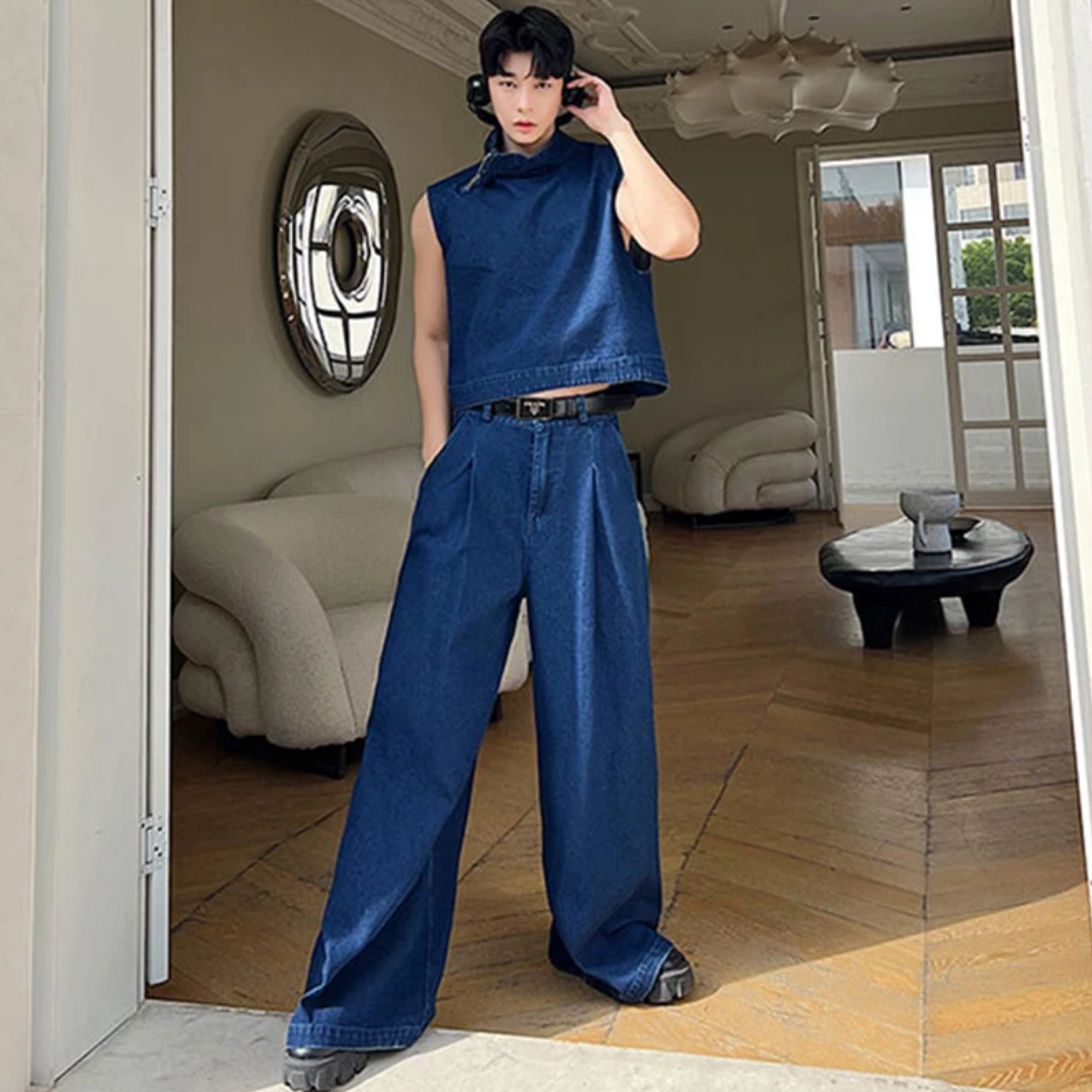 Threebooy Men's Signature 2-Piece Denim Wide Leg Jeans Set