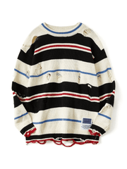 Threebooy Men's Color Block Striped Distressed Sweater