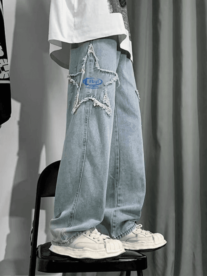 Threebooy Men's Distressed Star Embroidered Loose Jeans
