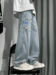 Threebooy Men's Distressed Star Embroidered Loose Jeans