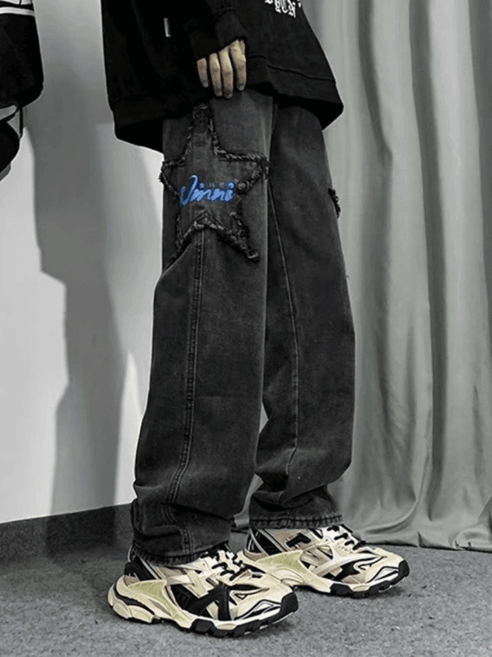 Threebooy Men's Distressed Star Embroidered Loose Jeans