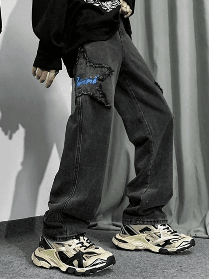 Threebooy Men's Distressed Star Embroidered Loose Jeans