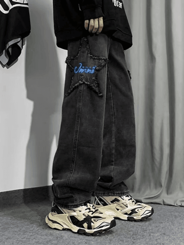 Threebooy Men's Distressed Star Embroidered Loose Jeans