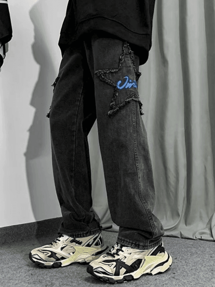 Threebooy Men's Distressed Star Embroidered Loose Jeans