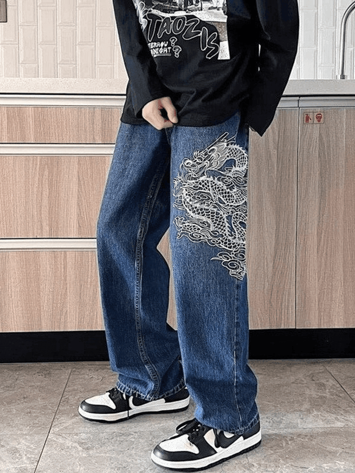 Threebooy Men's Dragon Embroidered Straight Leg Jeans