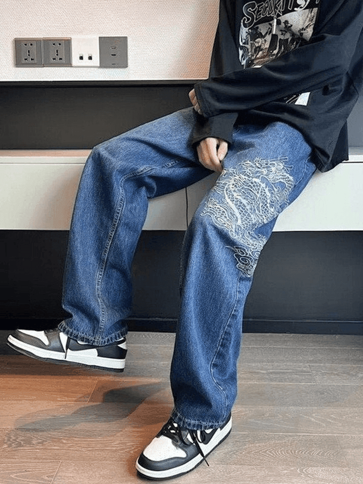 Threebooy Men's Dragon Embroidered Straight Leg Jeans