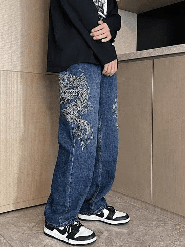 Threebooy Men's Dragon Embroidered Straight Leg Jeans