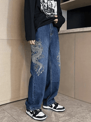Threebooy Men's Dragon Embroidered Straight Leg Jeans