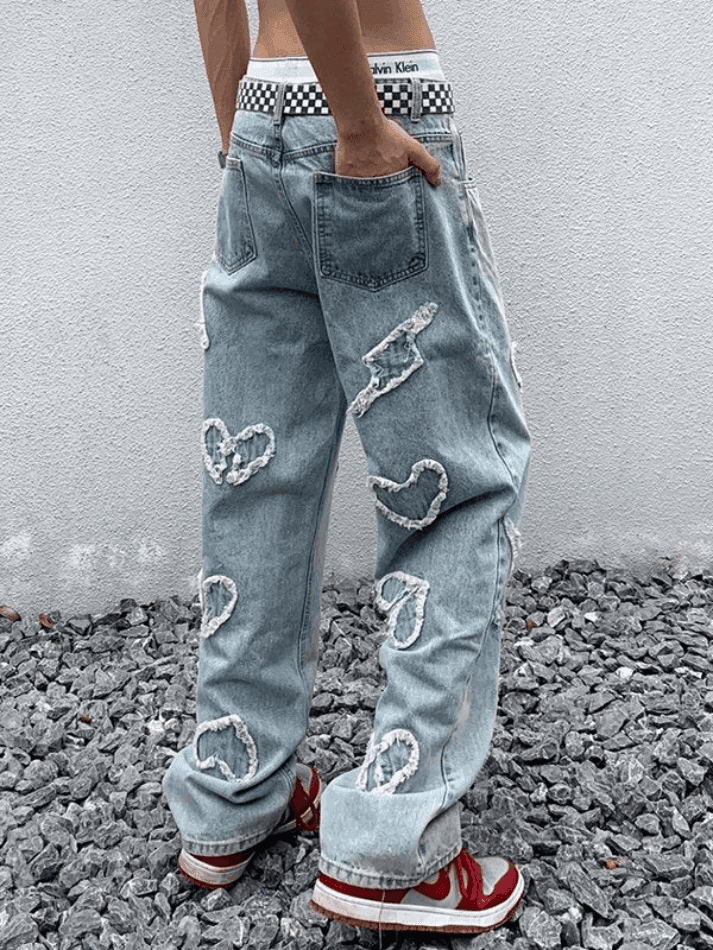Threebooy Men's Heart Patch Light Wash Loose Jeans